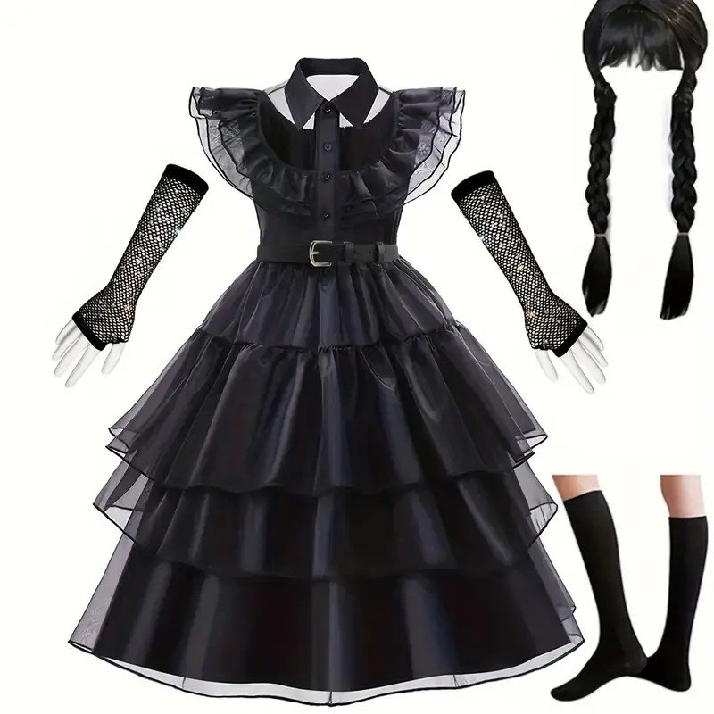 Girls Dress Set Sleeveless Ruffle Princess Dress & Wig & Socks & Gloves Dark Style Halloween Party